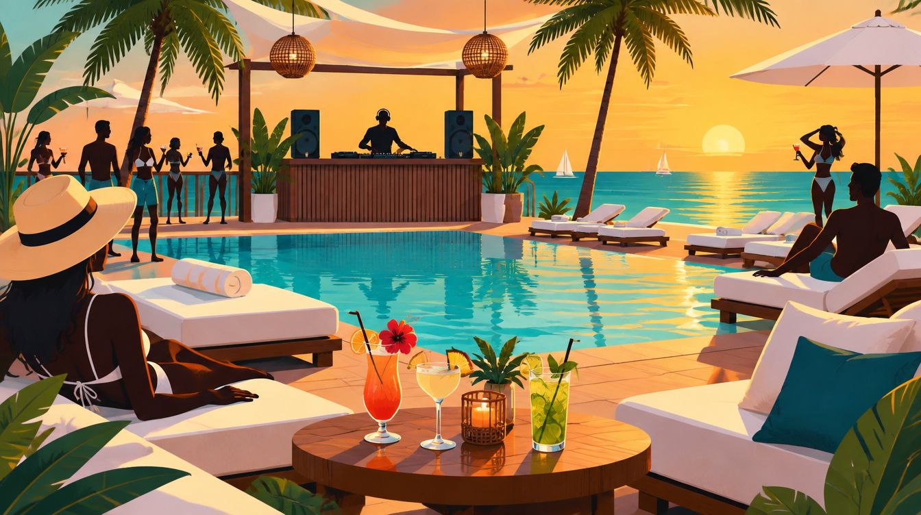 Beach clubs cartagena: ilustración de ambiente de piscina y DJ (imagen ilustrativa, no es una fotografía real de Club Kabanna)