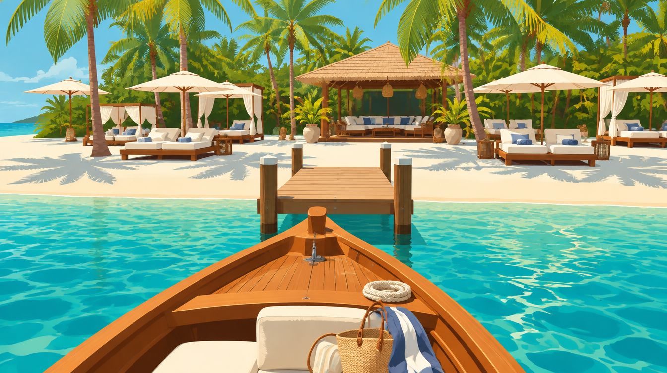 Ilustración de estilo editorial de un beach club de lujo — imagen ilustrativa de ambiente, no es una fotografía real de las instalaciones de Club Kabanna